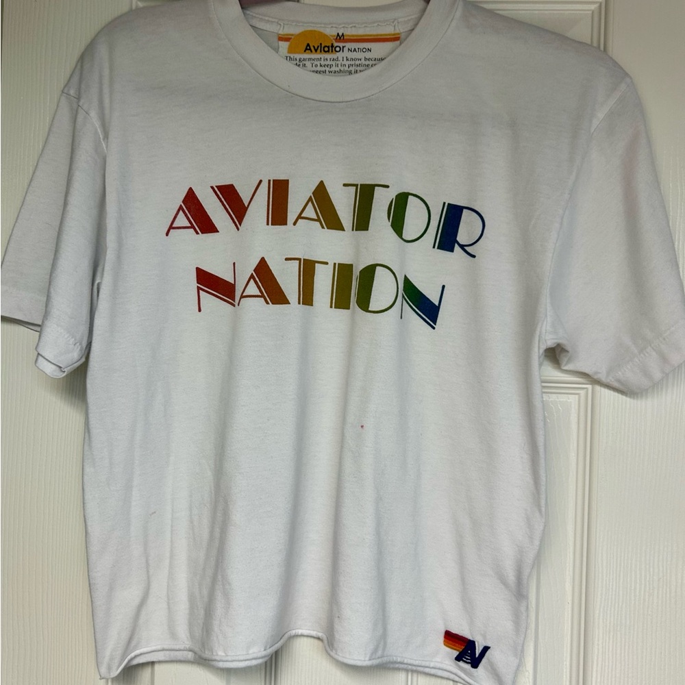 Aviator Nation White Tee with Multicolor Logo Medium